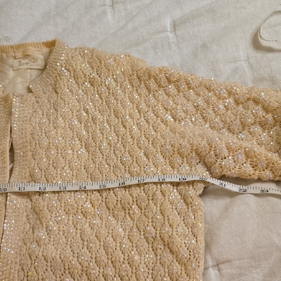 Jery Jo Elegant Vintage Hand Beaded Beige Wool Women's Cardigan 2 Pieces - Picture 12 of 16